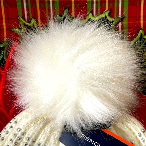 Brand New French Connection Pom Beanie Cable Knit Hat Light Cream Silver Studded main image 8
